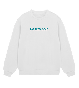 Front view of the white Big Fred Golf crewneck sweatshirt featuring the "Big Fred Golf." wordmark in bold text, centered on the chest.