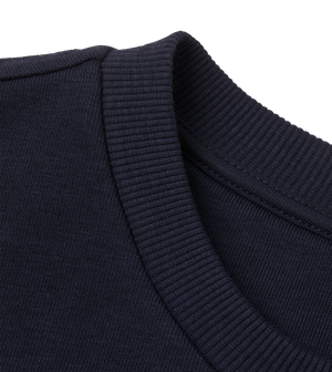 Close-up of the ribbed collar detail on the navy Big Fred Golf crewneck sweatshirt, showcasing premium stitching and fabric quality.
