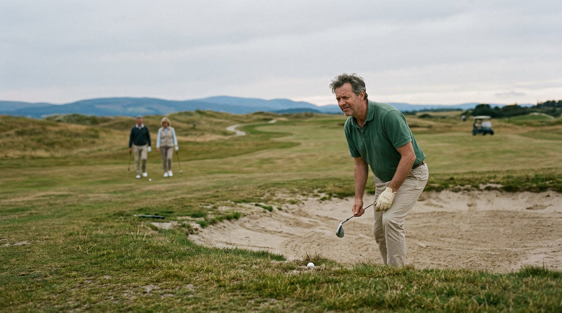 A golfer hunched over a tough shot in a bunker, two players watching in the background