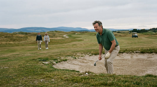 A golfer hunched over a tough shot in a bunker, two players watching in the background