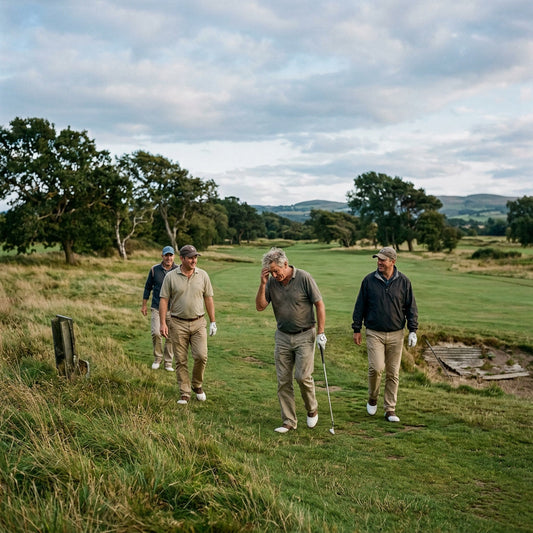Four golfers walking together on a course, one looking thoughtful with a hand to his head