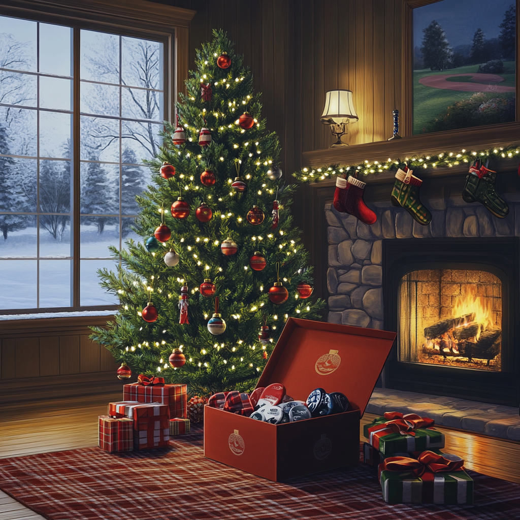 Golfer opening Big Fred Golf gifts under a decorated Christmas tree, featuring a hoodie, cap, and poker chip marker in a cozy holiday setting