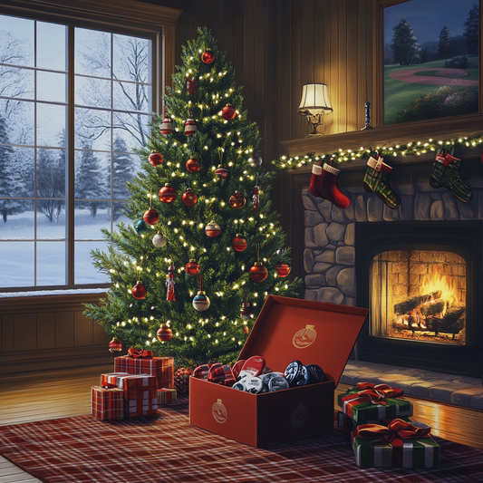 Golfer opening Big Fred Golf gifts under a decorated Christmas tree, featuring a hoodie, cap, and poker chip marker in a cozy holiday setting