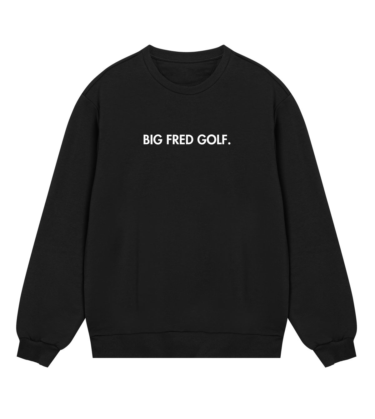 Front view of the black Big Fred Golf crewneck sweatshirt featuring the "Big Fred Golf." wordmark in bold text, centered on the chest.