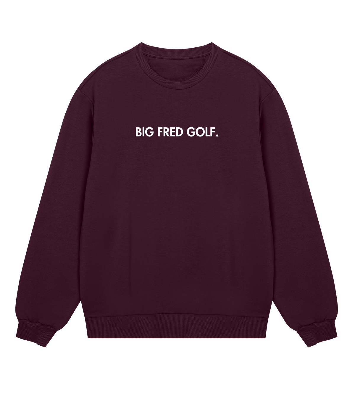 Front view of the maroon Big Fred Golf crewneck sweatshirt featuring the "Big Fred Golf." wordmark in bold text, centered on the chest.