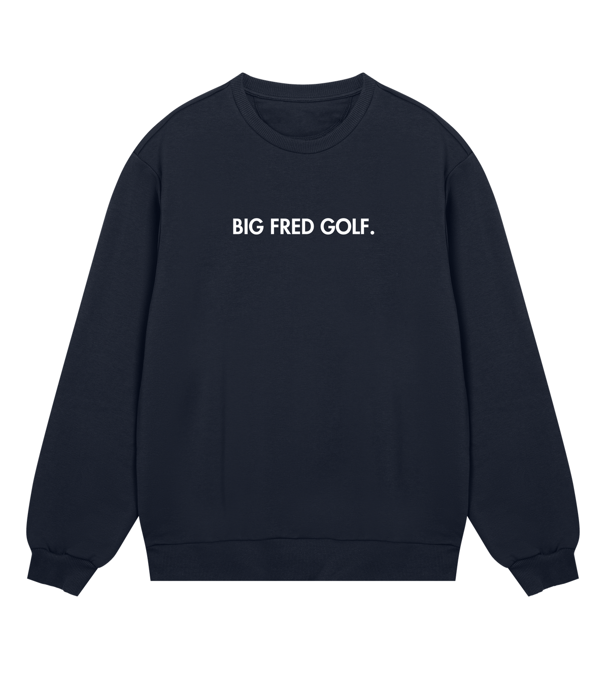 Front view of the navy Big Fred Golf crewneck sweatshirt featuring the "Big Fred Golf." wordmark in bold text, centered on the chest.