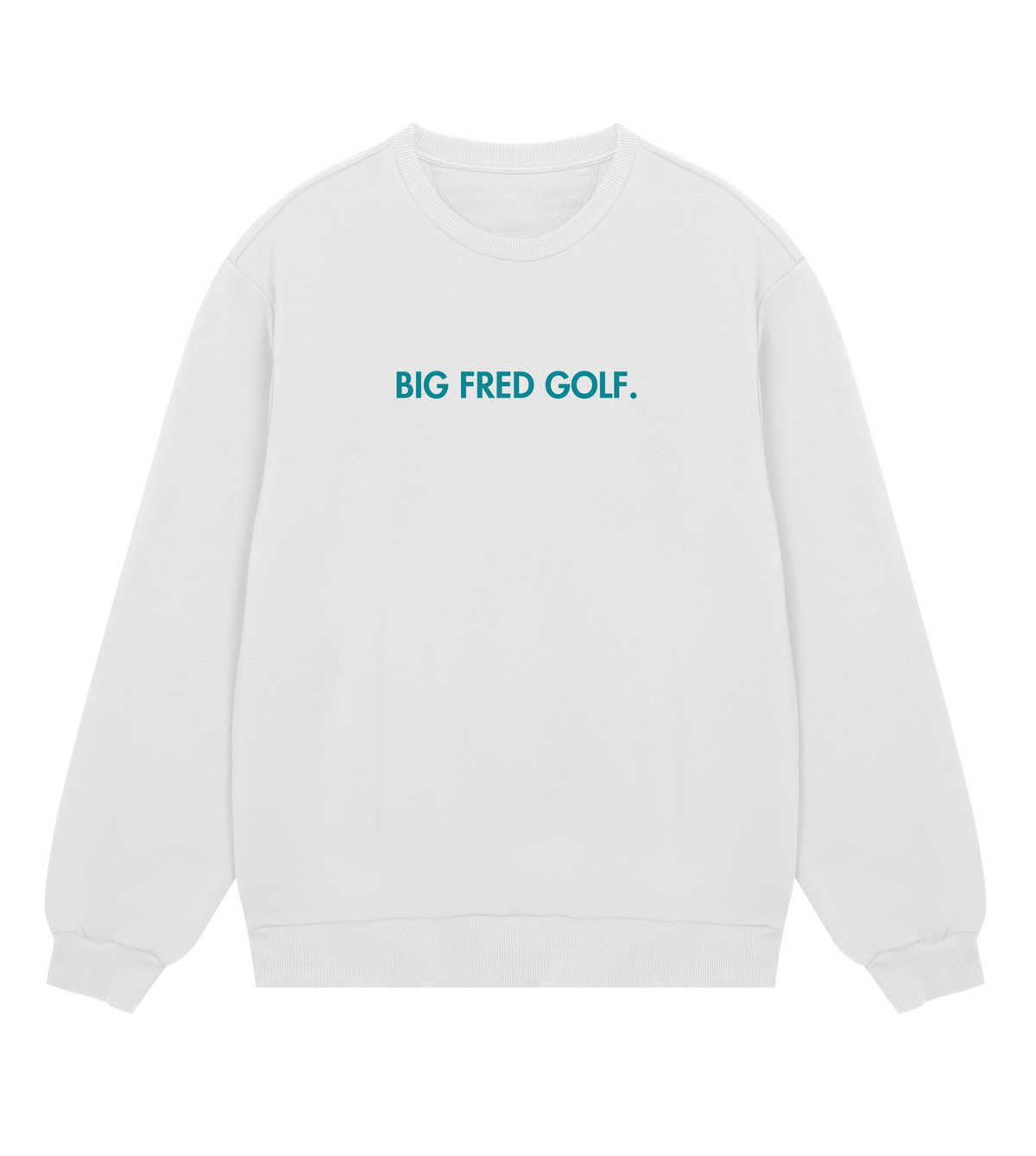 Front view of the white Big Fred Golf crewneck sweatshirt featuring the "Big Fred Golf." wordmark in bold text, centered on the chest.