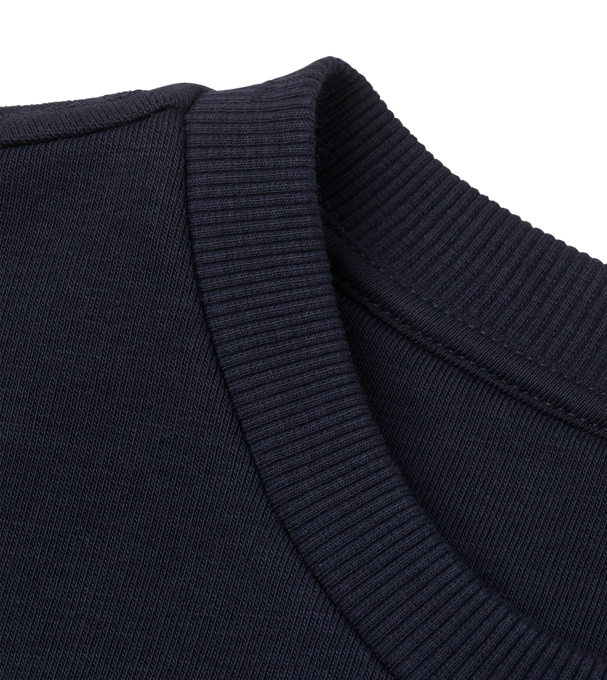 Close-up of the ribbed collar detail on the navy Big Fred Golf crewneck sweatshirt, showcasing premium stitching and fabric quality.