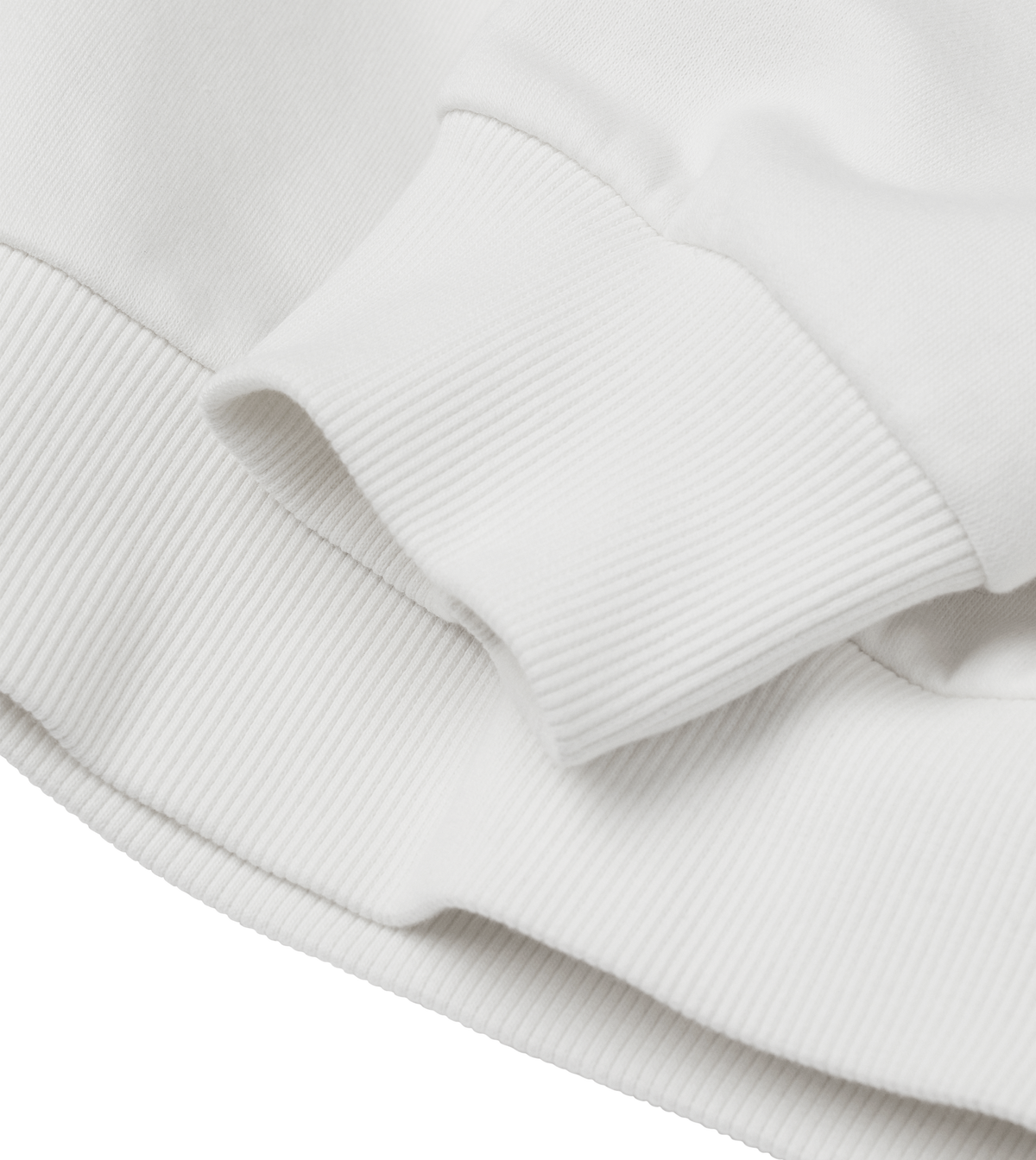 Close-up of the ribbed collar detail on the white Big Fred Golf crewneck sweatshirt, showcasing premium stitching and fabric quality.